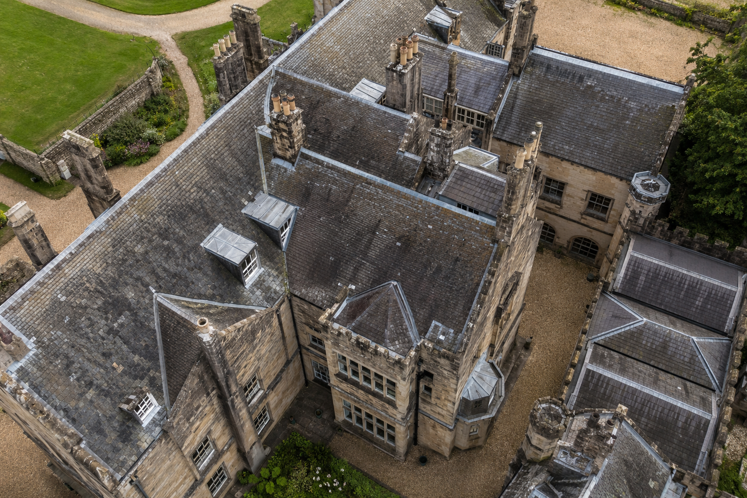 Historic roof inspected from the air